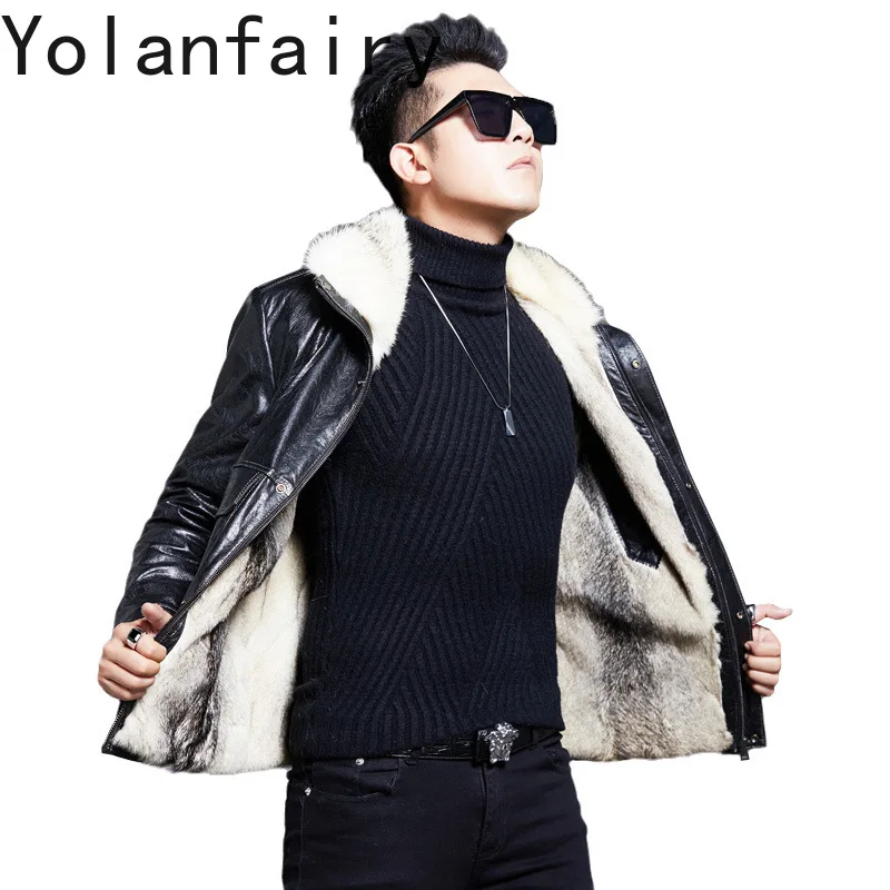 YOLANFAIRY-Veste en cuir de vachette véritable pour hommes, veste en fourrure de loup véritable, veste courte, parkas d'hiver, vêtements neufs, 2024