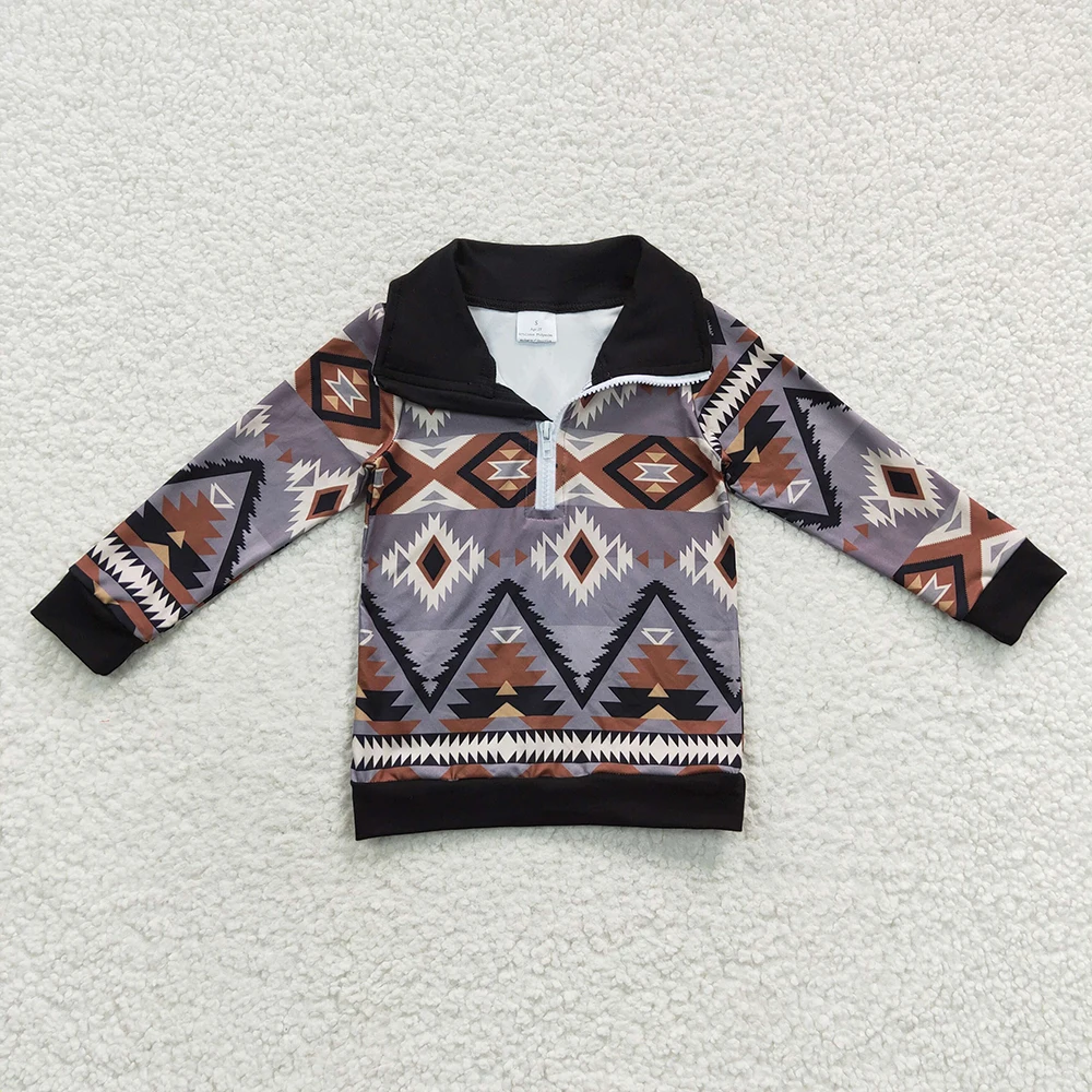 Wholesale Toddler Western Aztec Clothes Long Sleeves Pullover T-Shirts Tee Baby Boy Lapel Tops Children Infant Zipper Clothing