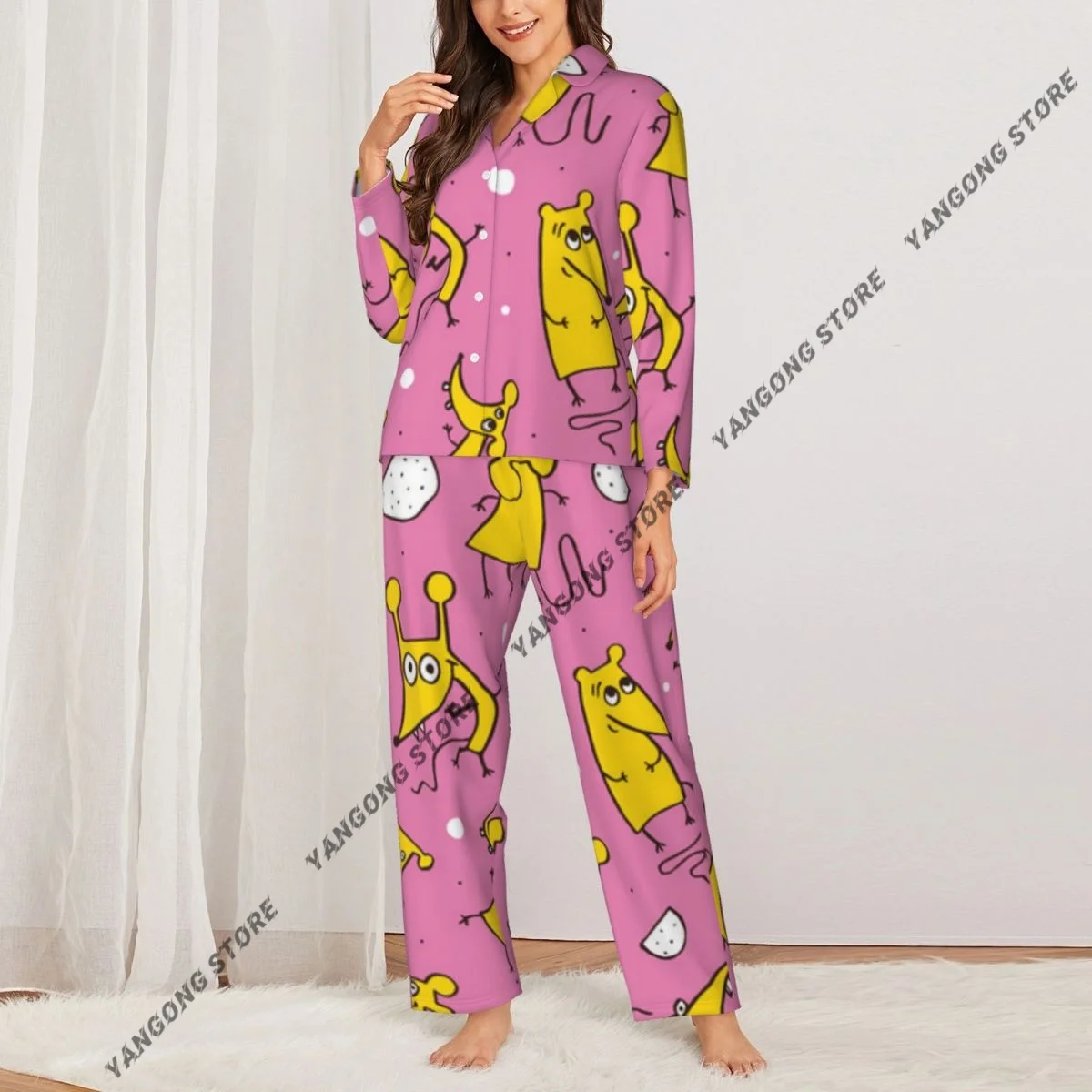 Women Sleepwear Pajamas Funny Rats Long Sleeve Pijama Female Set Negligee Cardigan Suit