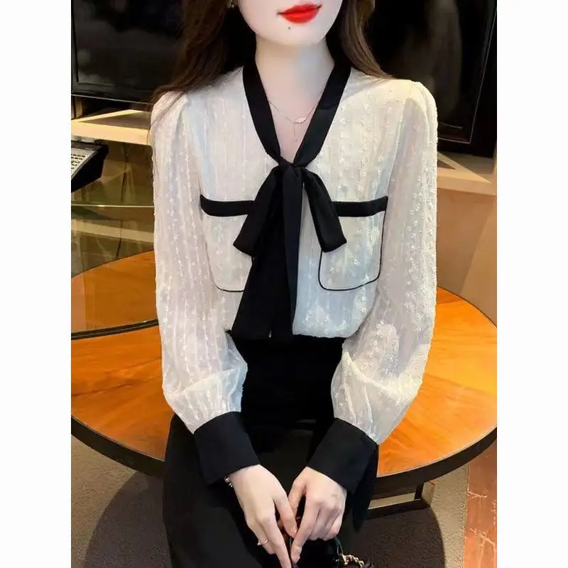 Fashionable Temperament Small Fragrance Style Chiffon Long Sleeved Shirt Women's Bow Color Matching Niche Design Sweet Stylish