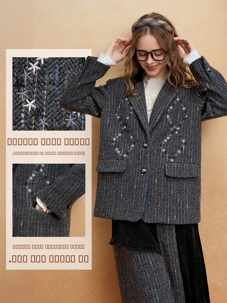 Retro Star Embroidery Thiened Tweed Suit Jaet Damski Luźny Płaszcz Zimowy z Długim Rękawem w Paski Zapinany na Jeden Guzik