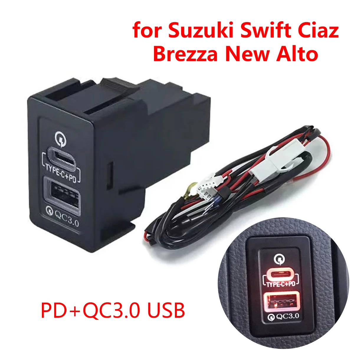 26x41mm Car Charger Socket Type-C PD QC3.0 USB Quick Charging for Suzuki SX4 Swift Vitara Alto Splash Celerio