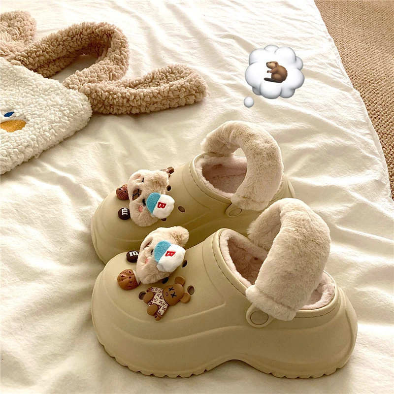 Capribara ~ Double Purpose Super Cute Ins Cartoon Fleece-lined Porous Shoes Women Winter Closed Toe Plush Cotton Slippers