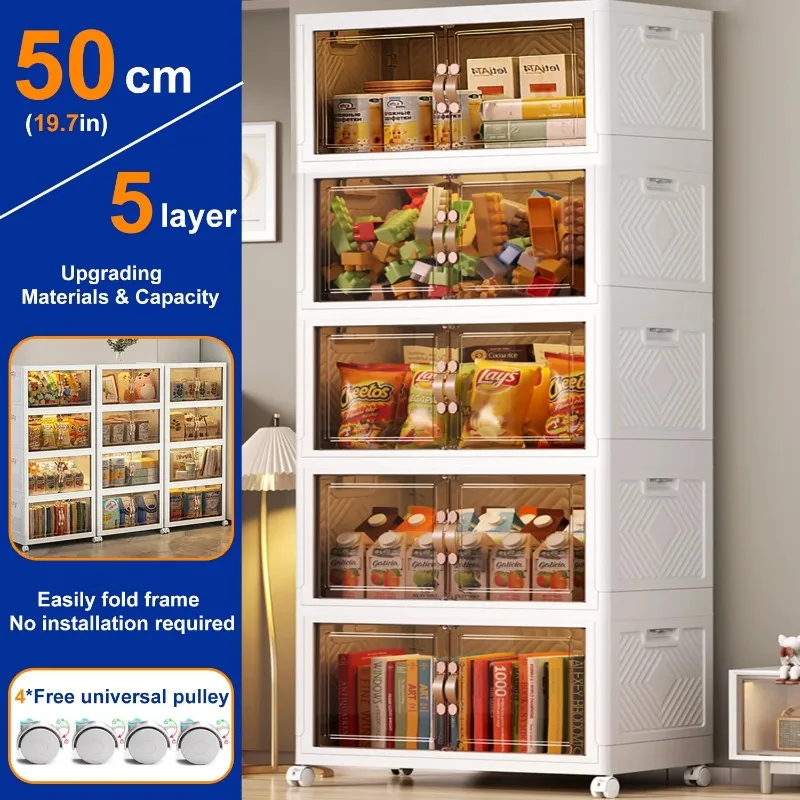 

Storage Bins with Lids- 5 Tier Folding Storage box with Doors and Wheels, Collapsible Plastic Storage Bins for Closets,White