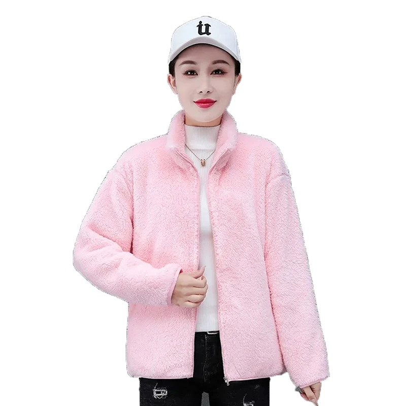 

Fashion Double Sided Coral Velvet Jacket For Women 2024 NEW Autumn Winter Standing Neck Korean Casual Warmth Fluffy Jacket Tops