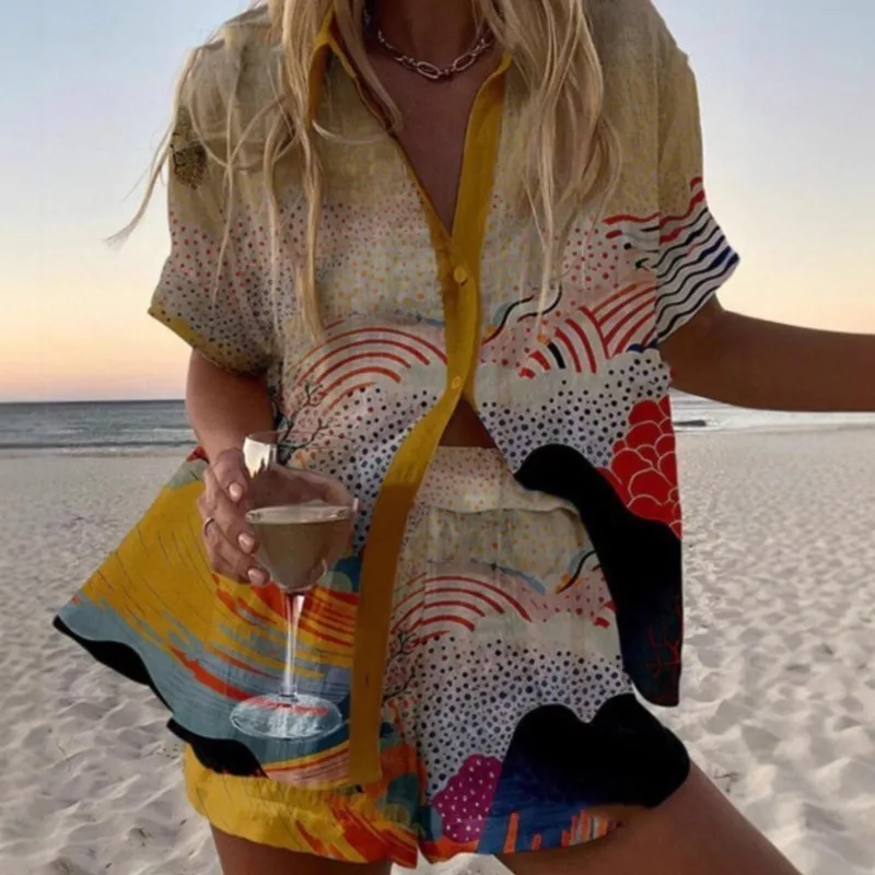 

2025 New Summer Vacation Shorts set 3D Printed Seaside Tropical Casual Lapel Shirt Blouse Top Shorts 2-Piece Suits Beach Holiday
