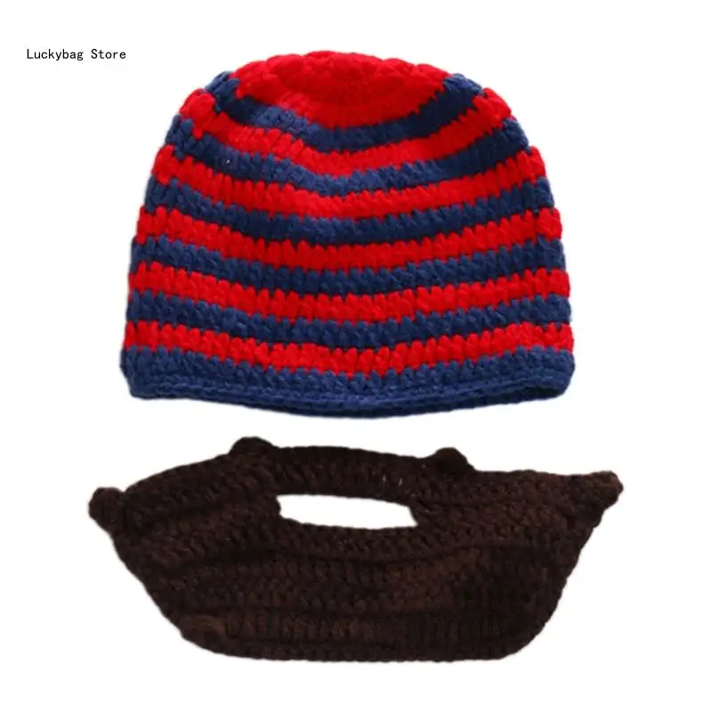 Handmade Beanie Hat Trendy Beard Striped Knitted Hat Thermal Wool Hat Windproof Ear for Protection for Chilly Outdoor