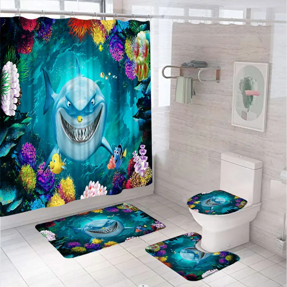 Ocean Shark Shower Curtain Set Non-Slip Rug Toilet Lid Cover Bath Mat Kids 3D Tropical Fish Blue Sea Coral Bathroom Decor Screen