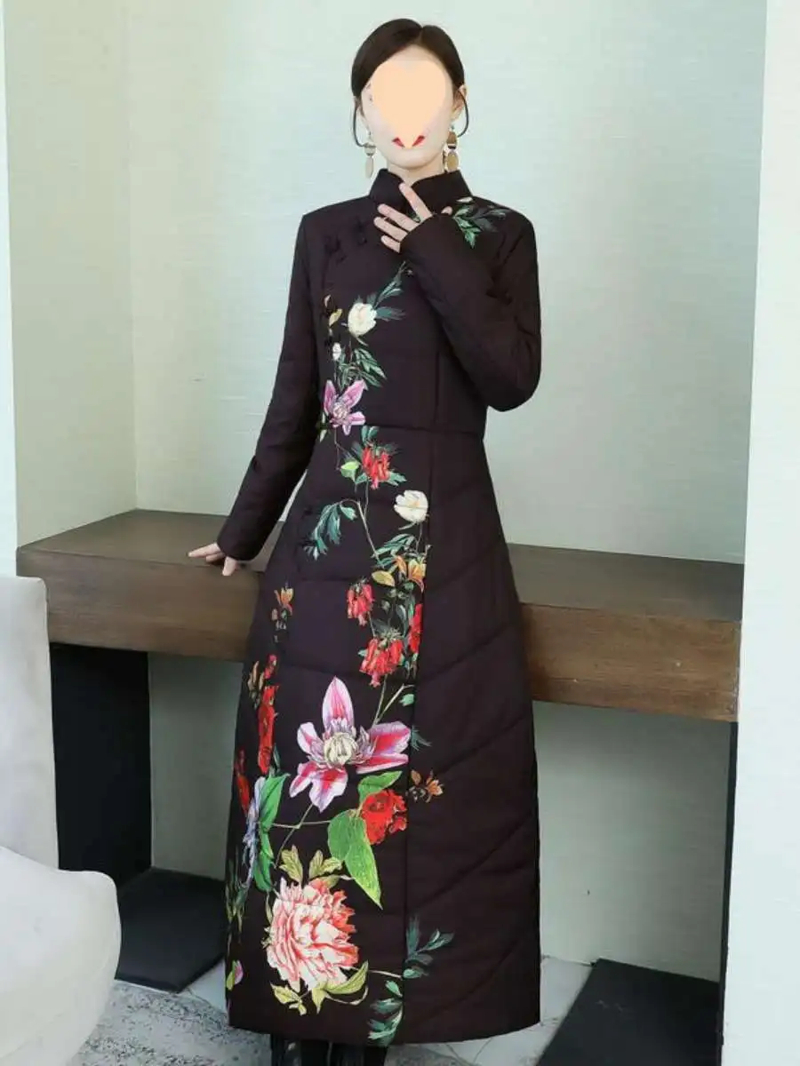 Rétro Sle Long sur le genou Thiened coton Jaet femmes imprimé ethnique Sle vêtements d'extérieur hiver Faion dames manteau