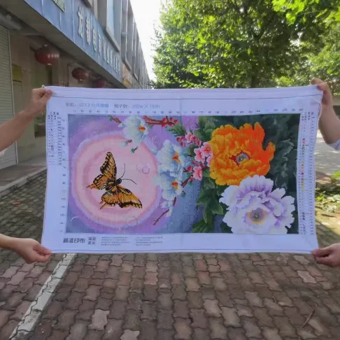 Handmade cross stitch finished product with butterfly and peony flowers blooming, rich and noble living room, bedroom, mounting