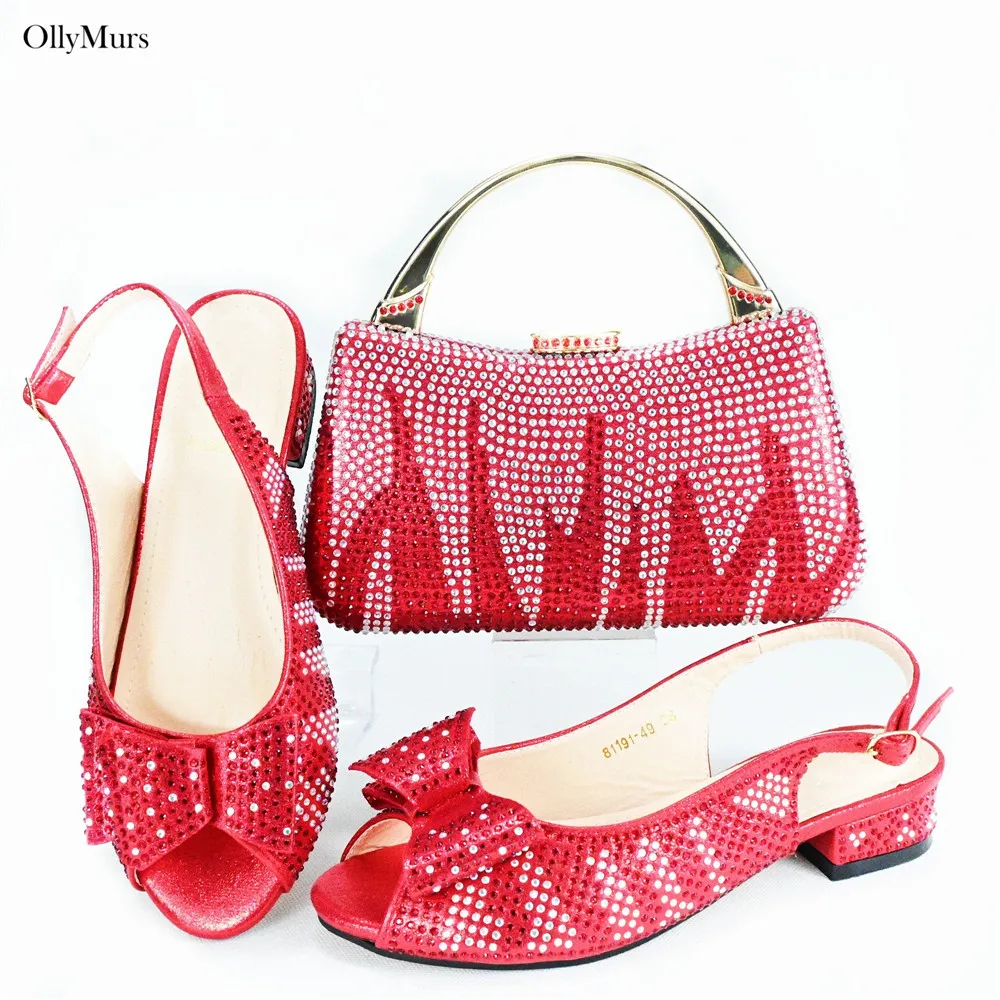 

Autumn Fashion PU With Rhinestone Woman Sandal Shoes And Bag Set Nigerian Elegant Low Heels Shoes And Bag To Match Set For Party