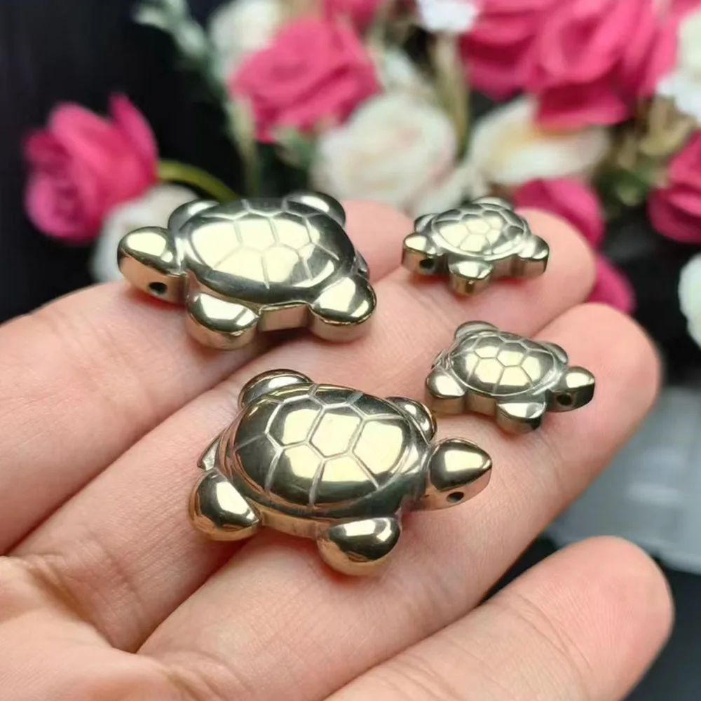 Wholesale Cute Pyrite Turtle Statue Yellow Iron Pyrite Tortoise Figurine with Hole Crystal Carving For DIY Pendant Gifts