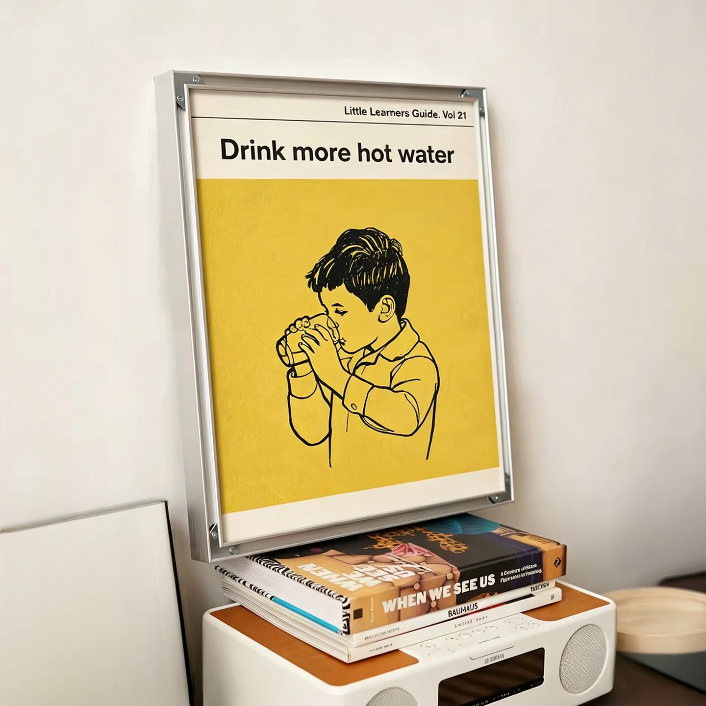 drink-more-hot-water-funny-quote-canvas-wall-art-retro-boy-drinking-print-vintage-book-style-poster-yellow-nordic-living-room-ki