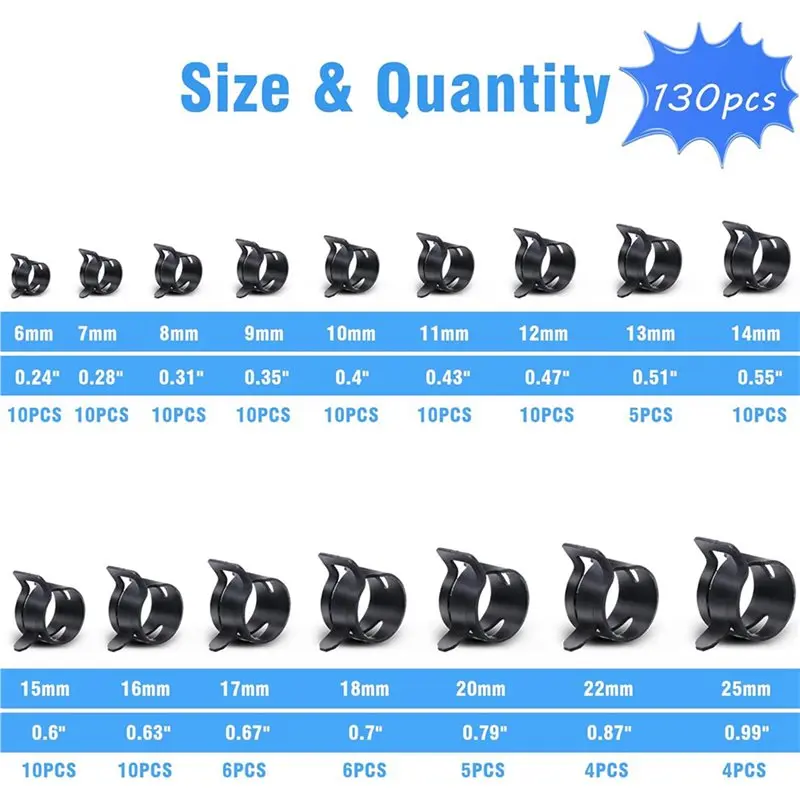 AT05-260Pcs 6-25Mm Spring Band Hose Clamps With Swivel Hose Clamp Plier Assortment Kit,Constant Tension Hose Clamp Fuel Line