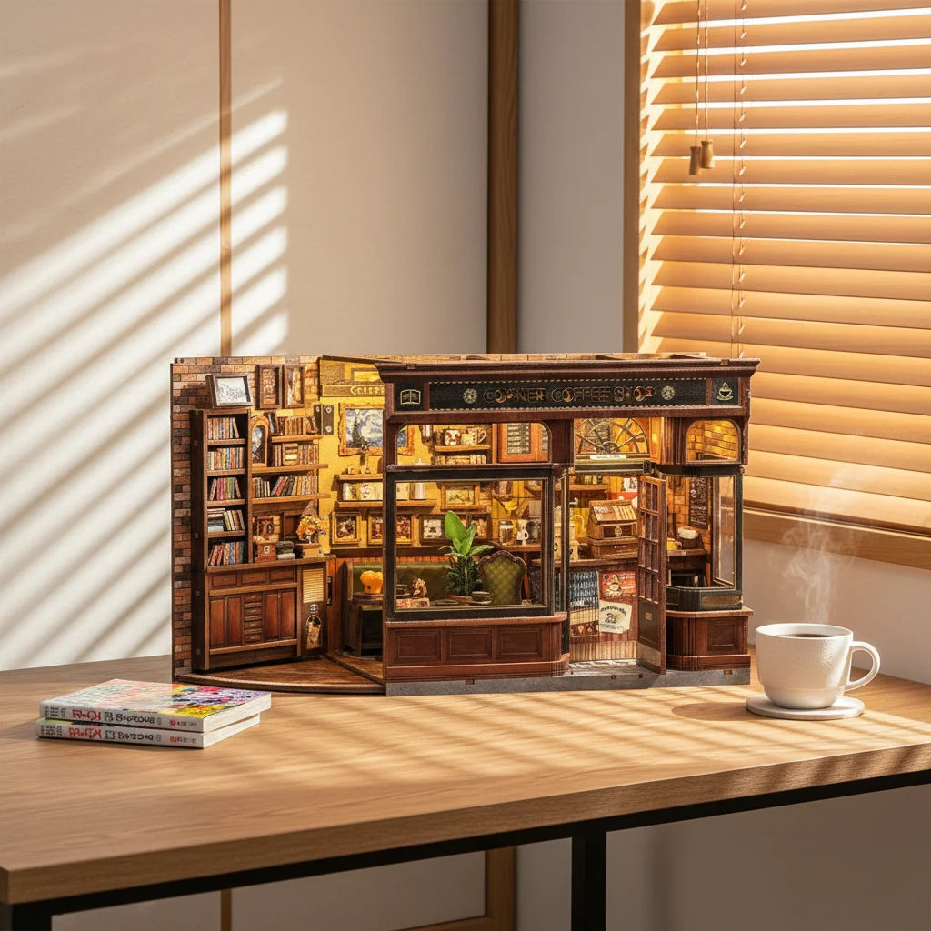Multi-layer DIY Assembled Home Miniature Building Models Handmade 3D Pop-Up House Furniture Wood Street Corner Coffee Shop Toy
