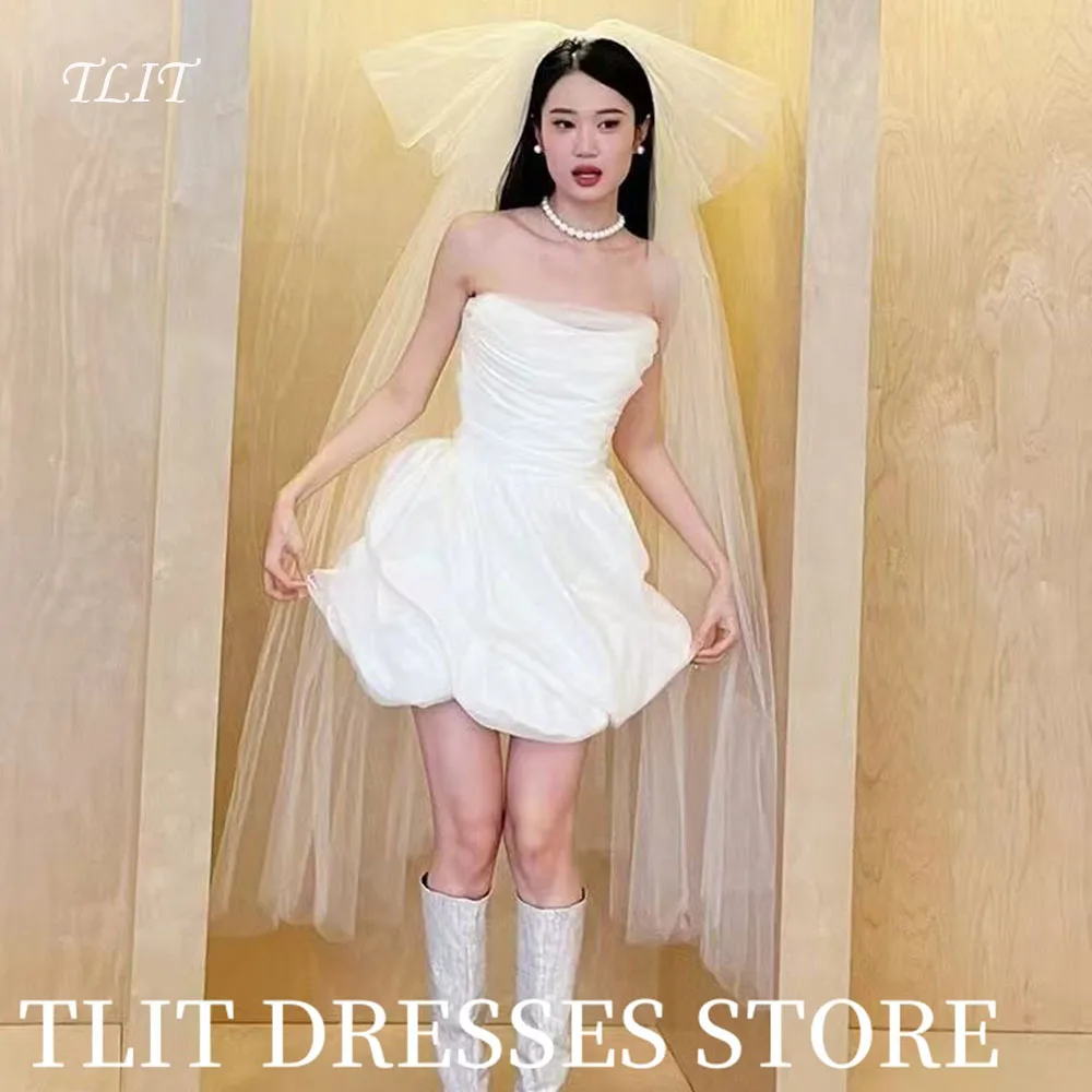 

TLIT Sexy White Satin Strapless Wedding Dresses Short A-Line Bridal Gowns Korea Wedding Dresses Photo Shoot Customized Corset