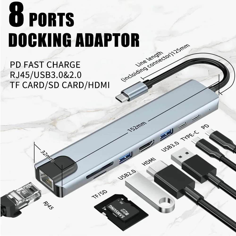 Usb Tipo-c 8 Em 1 Para Rj45 Dock Card Reader Multifuncional