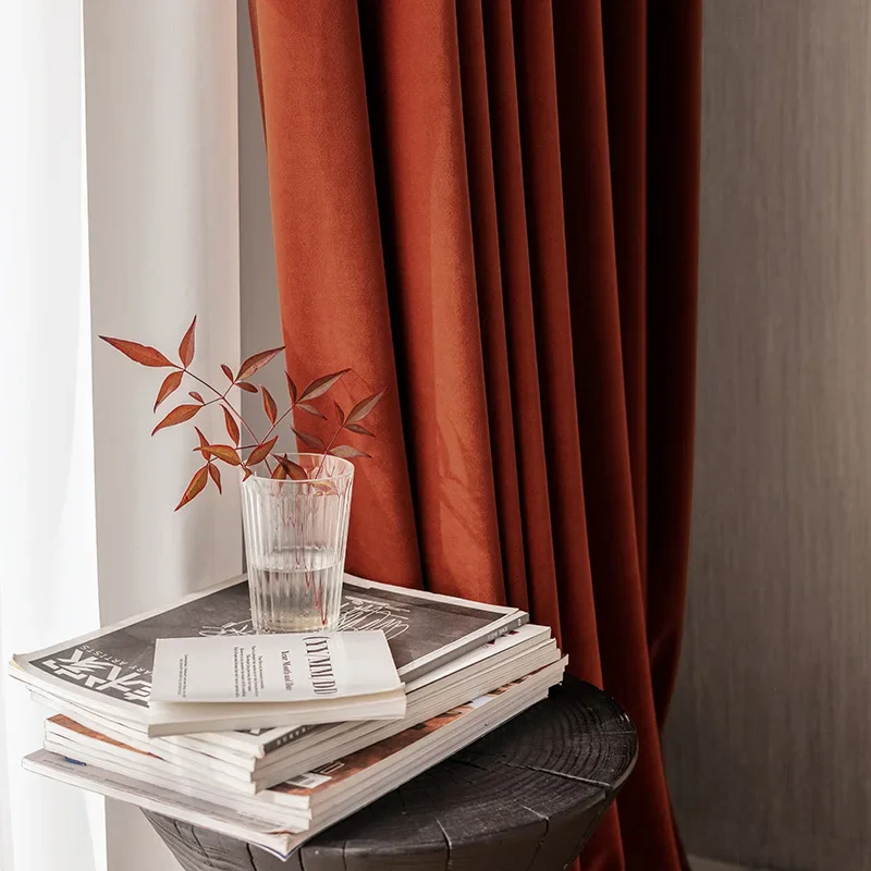 

Orange Caramel Colored Australian Wool Velvet Fabric High-end Light Luxury Curtains 3-layer Dense Woven Strong Shading Curtains