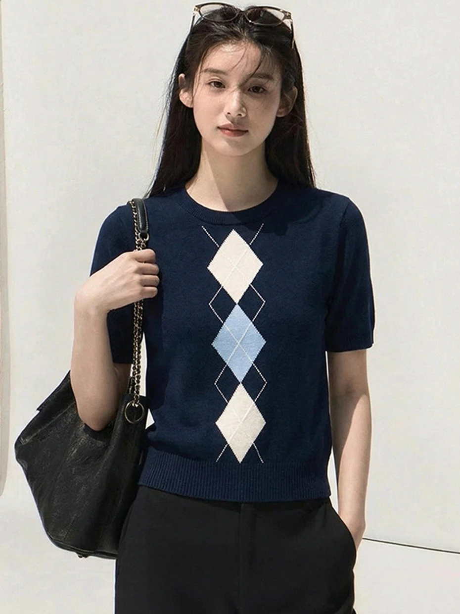 

Blue Knitted Short Sleeve Base Shirt Women's Autumn Winter Design Sense Sweater Inner Wear Super Beautiful Small Top