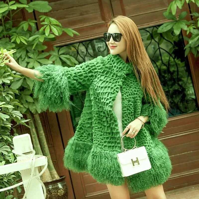 

Europe and America Genuine fur coat fashion New fur jacket women Mongolia Sheep fur sleeve and hem ladies loose outwear