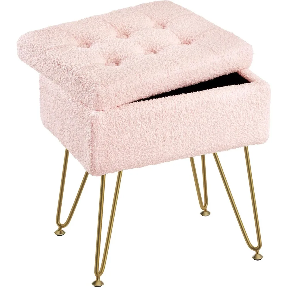 Seventable Vanity Stool Chair with Storage, Teddy Velvet Soft Ottoman, 4 Metal Legs with Anti-Slip Feet, Furry Padded Seat, Mult
