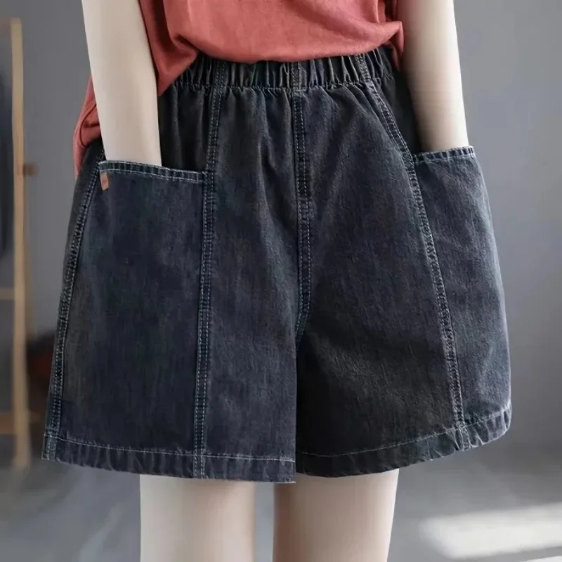 Shorts jeans de grandes dimensões para mulheres, curto de cintura alta, arte retrô, cor contrastante, bolso solto, calça larga, novo