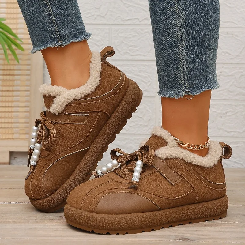 Luxury Pearl Chain Faux Fur Snow Boots Women 2026 Winter Round Toe Non Slip Thick Bottom Cotton Boots Warm Short Plush Booties
