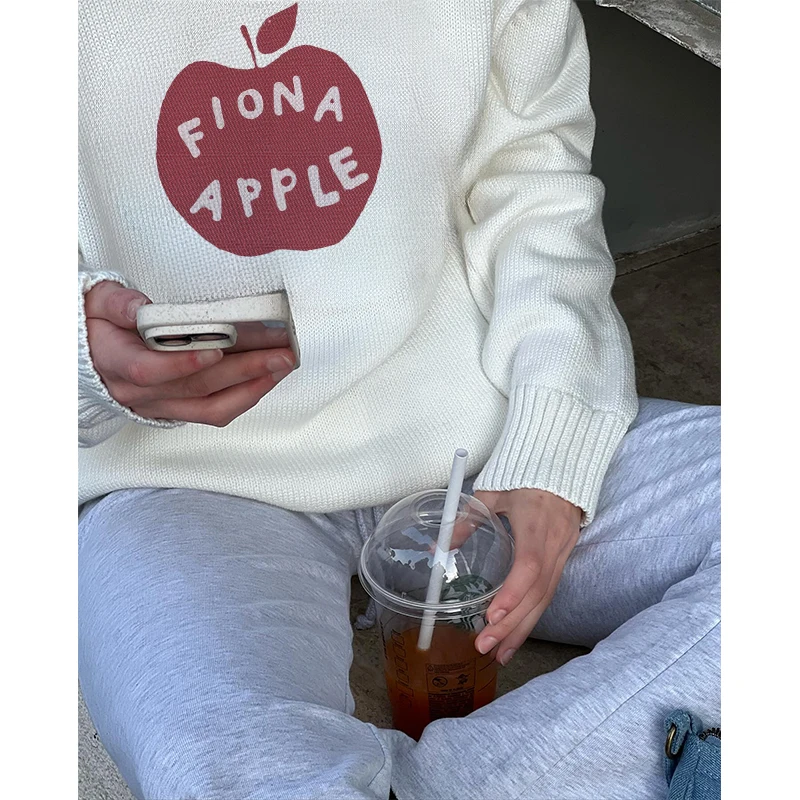 Autumn Winter Women Knit Sweater Apple Letter Print Pullover O-Neck Long Sleeve Casual Loose Sweaters Y2K Style Fashion Clothes