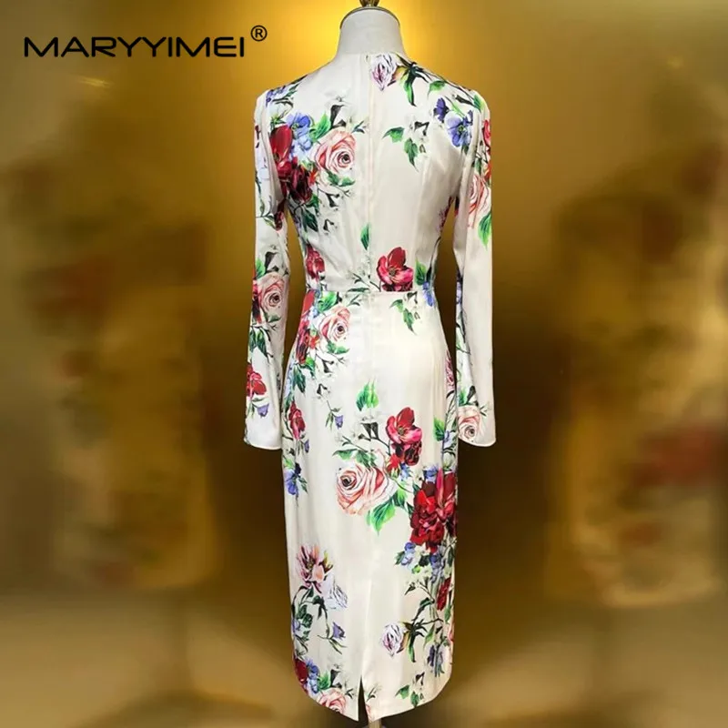 MARYYIMEI New style Women's Dress Long-Sleeved Elegant Print Pretty Slim-Fit Hip Wrap High waist Straight Silk Dresses