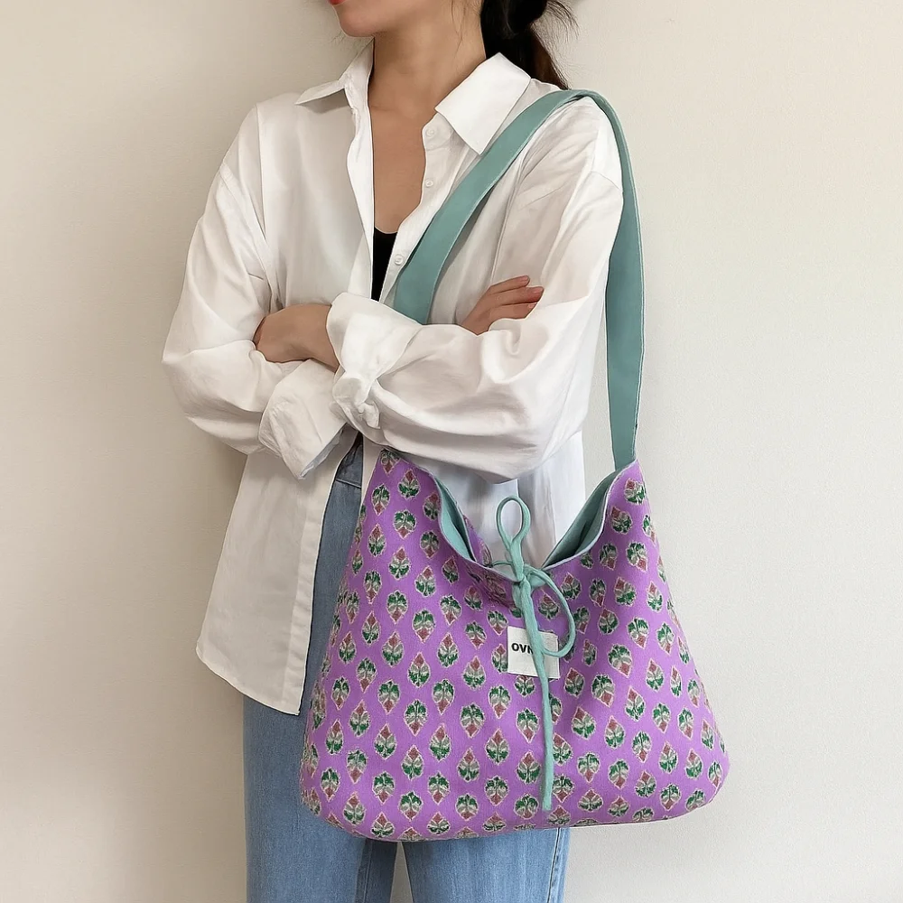 

Vintage Cloth Double Sided Vest Bag Bowknot Japanese Style Flower Shoulder Bag Commuting Leisure Canvas Crossbody Bag Travel