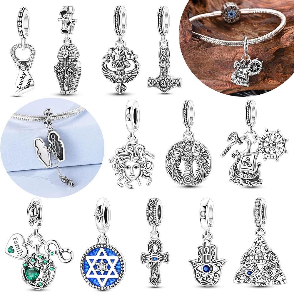 Runes Life Tree Pendant Blue Star Cross Eye of The Demon Original 925 Silver Bead Fit Bracelet Accessory Valentine's Gift