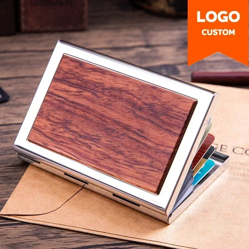 

Wooden Stainless Steel Custom Logo Business Card Box Case Laser Engrave Wood Metal Clip Personalized Cardcase Activity Gifts