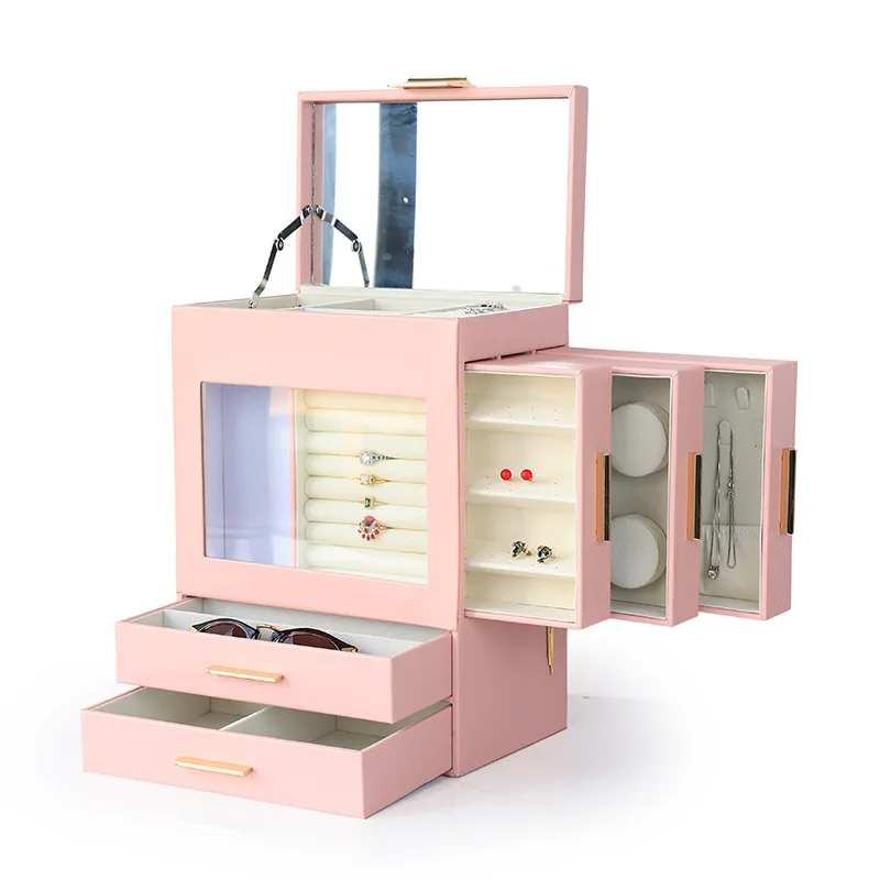 Leather Jewelry Storage Box Vertical Window Jewelry Display Boxes Side Drawn Ring Earring Organizer Display Packaging Boxes