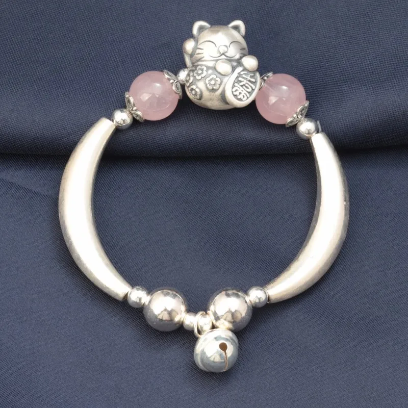 Imagem -05 - Pulseira de Prata Esterlina para Mulheres Cotovelo Gato Pulseiras Sino para Meninas Pulseira Frisada de Quartzo Rosa Étnica Vintage Jóias Artesanais Sl119 925