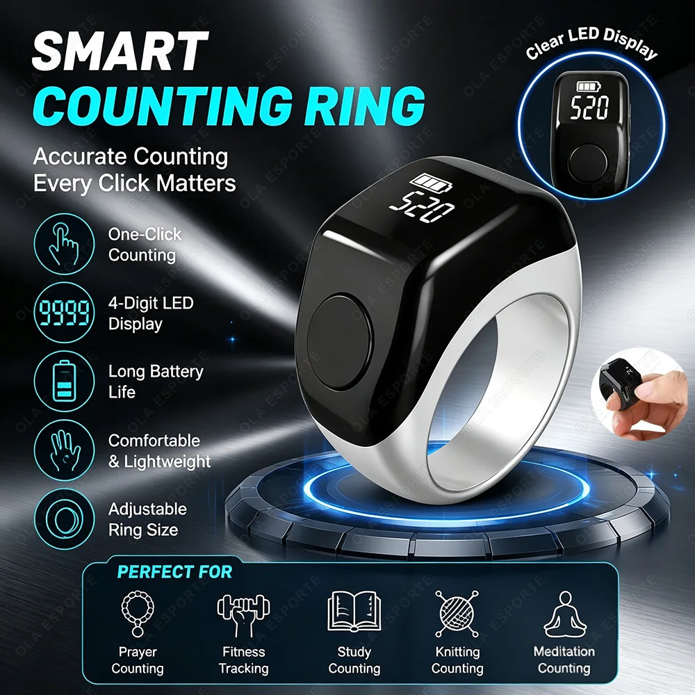 Digital Ring Counter Bluetooth APP Control OLED Display Silent Touch Type-C Rechargeable Muslims Ring Prayer Finger Counter