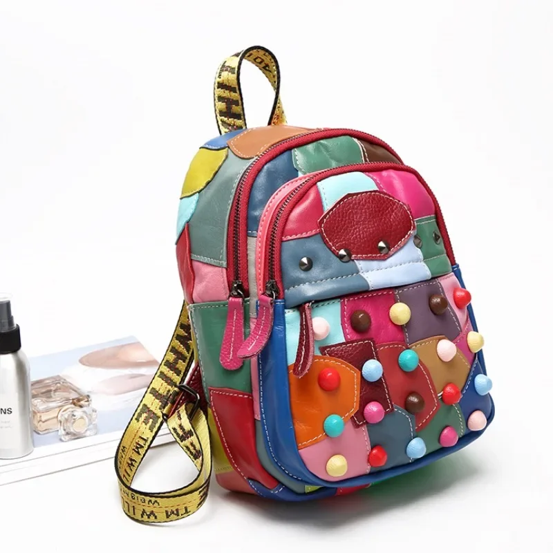 여성용 패치워크 다채로운 거리 여행 배낭 소녀용 부드러운 가죽