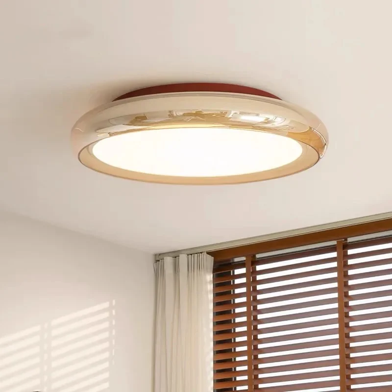 Round Amber Glass Flush Mount Ceiling Light Retro Minimalist LED Lamp For Bedroom Hallway Entryway Balcony Home Decoration