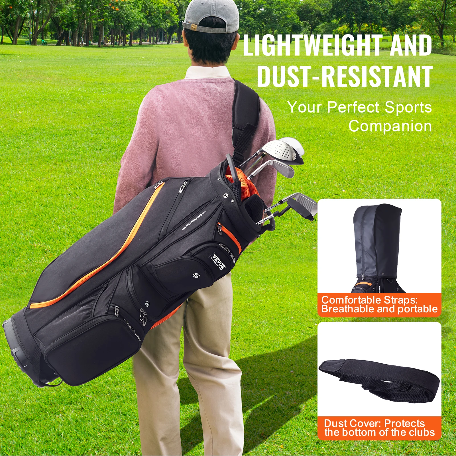 VEVOR Sacca da Golf con Divisori Organizzatori a 14 Vie, Sacca da Golf Premium 920 mm con 13 Tasche, Borsa da Golf Resistente con Manici, Copertura Antipolvere e Cinghie Staccabili Nero e Arancione