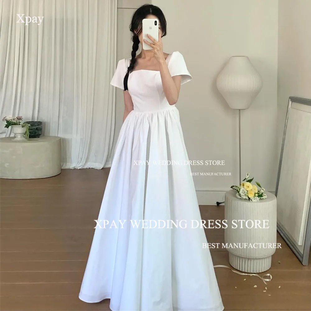 

XPAY Elegant Square Neck A Line Korea Wedding Dresses Short Sleeves Satin Customized Bride Dress Backless Bridal Party Gowns