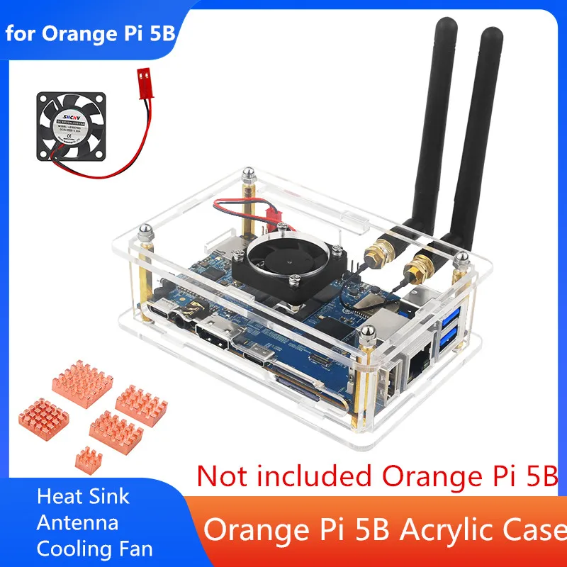 

Orange Pi 5B Acrylic Case Transparent Enclosure Clear Shell Optional Cooling Fan Copper Aluminum Heat Sink and Antenna for OPI 5