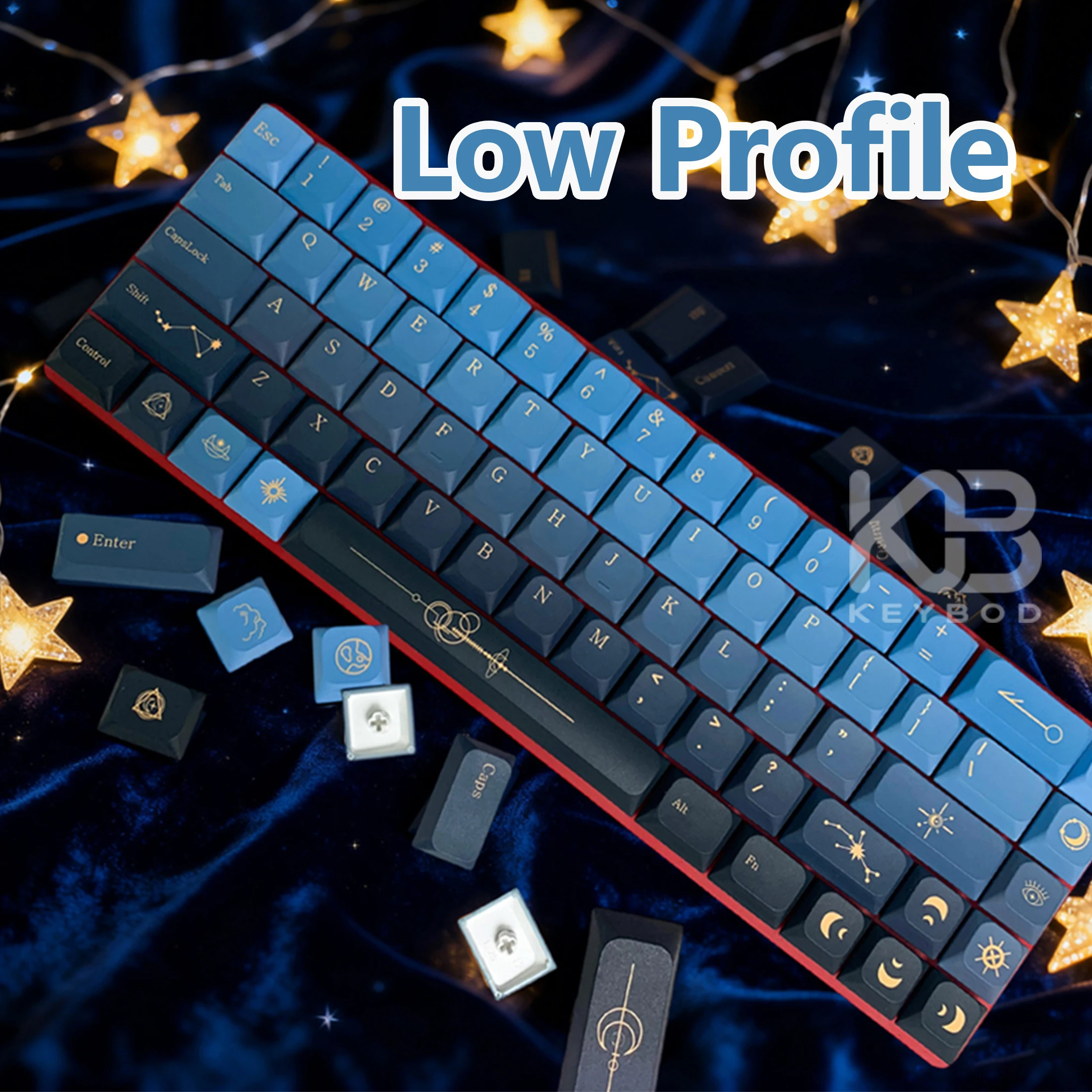 Low Profile Keycaps Starry Night Pattern 75 percent Dark Blue Gradient PBT Non-shine through Keycap Custom 126 Keys