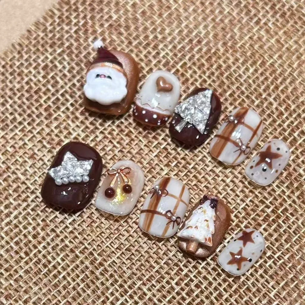 

10pcs Christmas Handmade Press-On Nails Brown Maidard Star Check Crown False Nail for Women&Girl Removable Wearable Fake Nail
