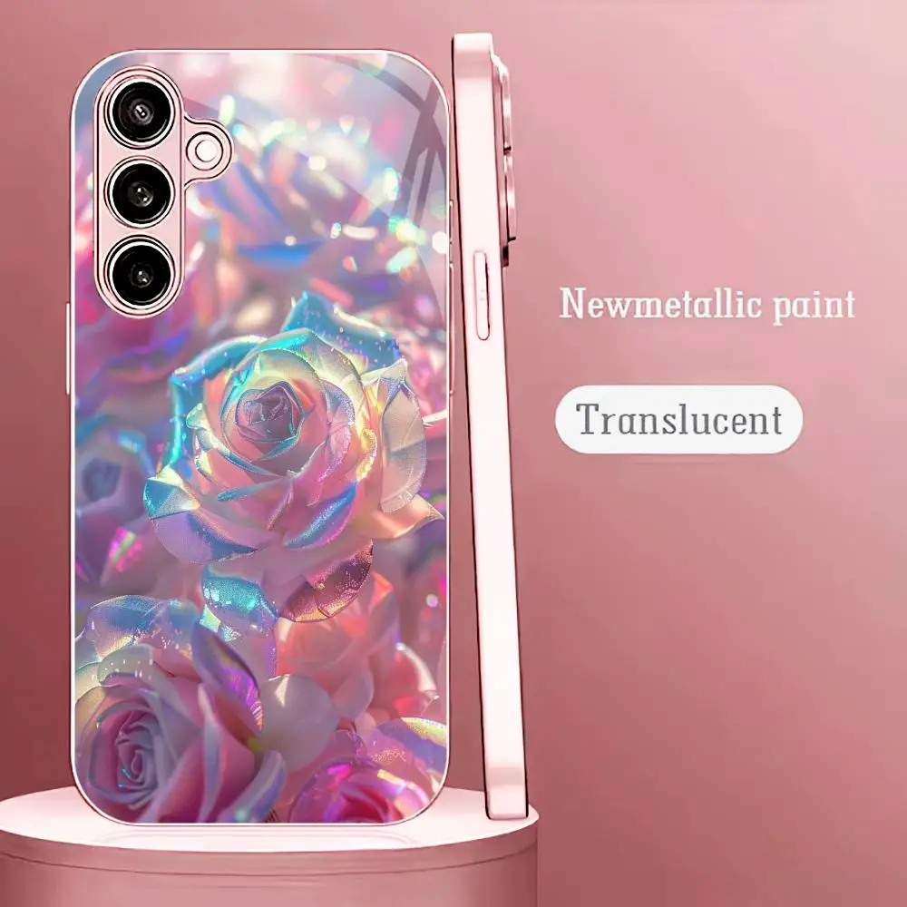 Pink rose glass phone case suitable for Samsung Galaxy S26 S25 S24 S23 S22 S20 FE/Ultra/Plus anti drop back cover