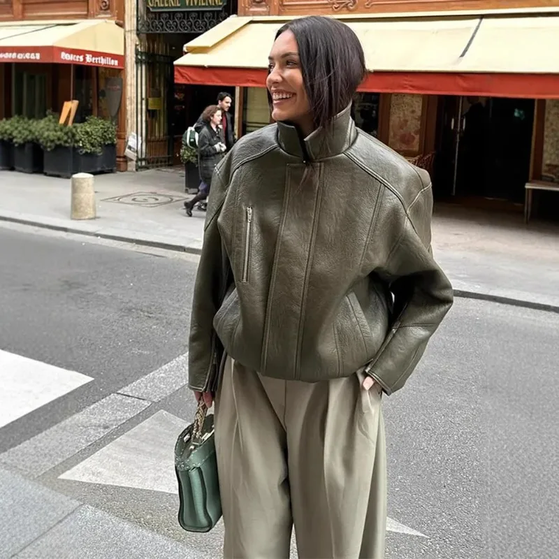 

Women's Autumn Leather Jacket Stand-Up Collar Zipper Pocket Vintage Jacket Women's Simple Fashion Street Style Women's Outerwear