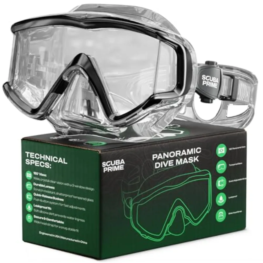 

Scuba diving mask for snorkeling and scuba use, tempered glass, black, three-window design with no-leak silicone skirt