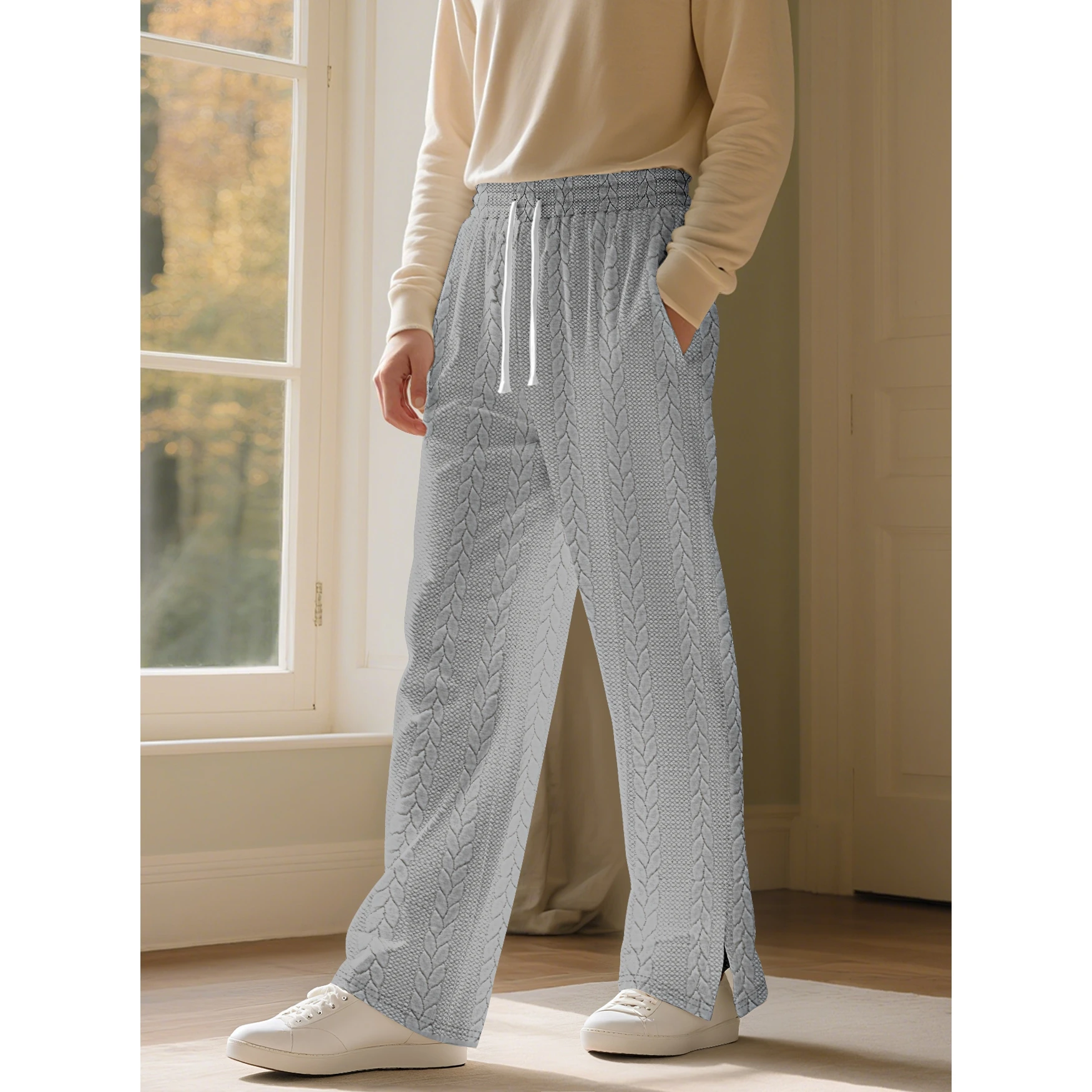 Men's Drawstring Pants with Pockets Stylish Jacquard Design Casual Mid Rise Straight Leg Trousers