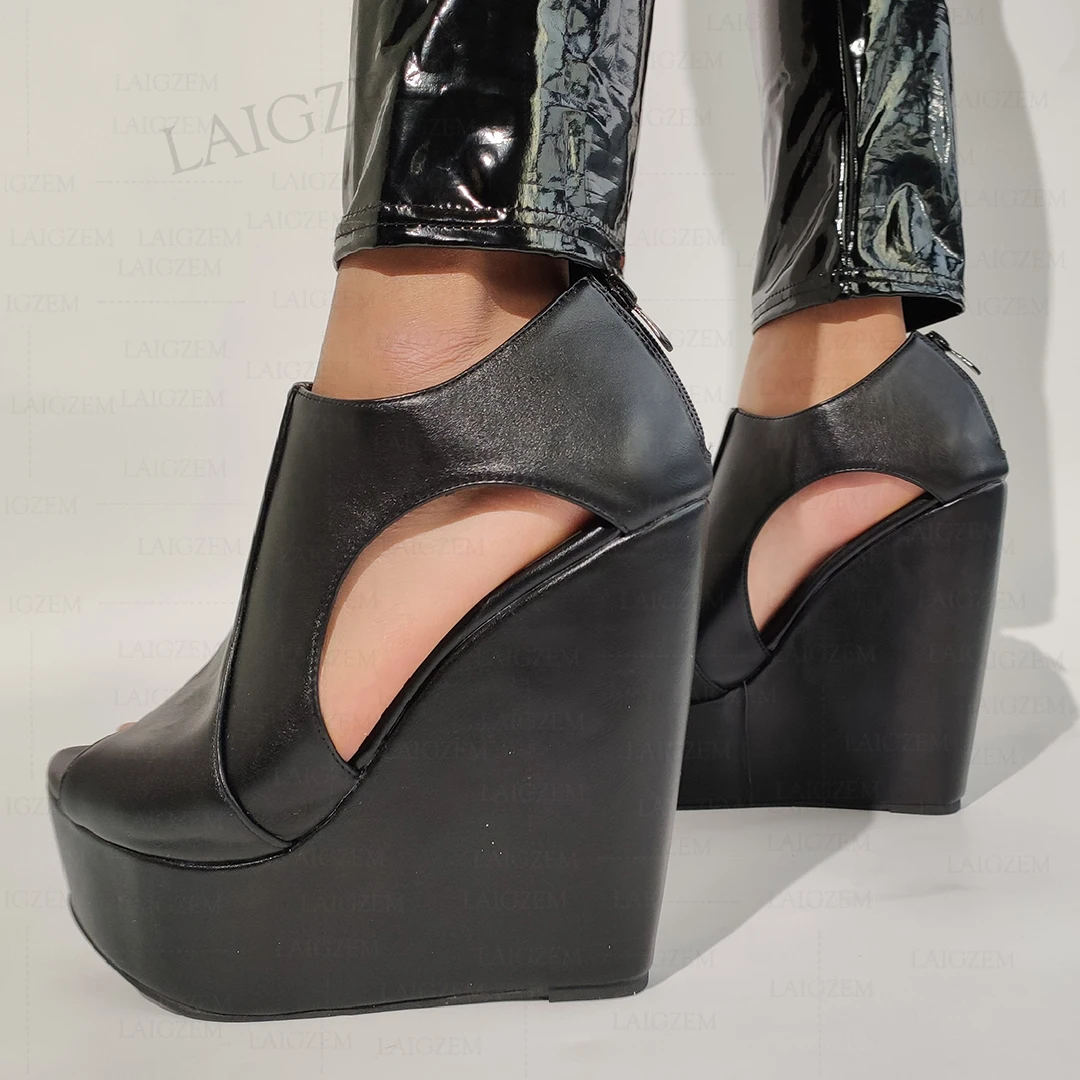 

LAIGZEM Женские туфли-лодочки на танкетке из искусственной кожи с открытым носком и молнией сзади, женские сандалии на высоком каблуке, женские большие размеры 41 43 52