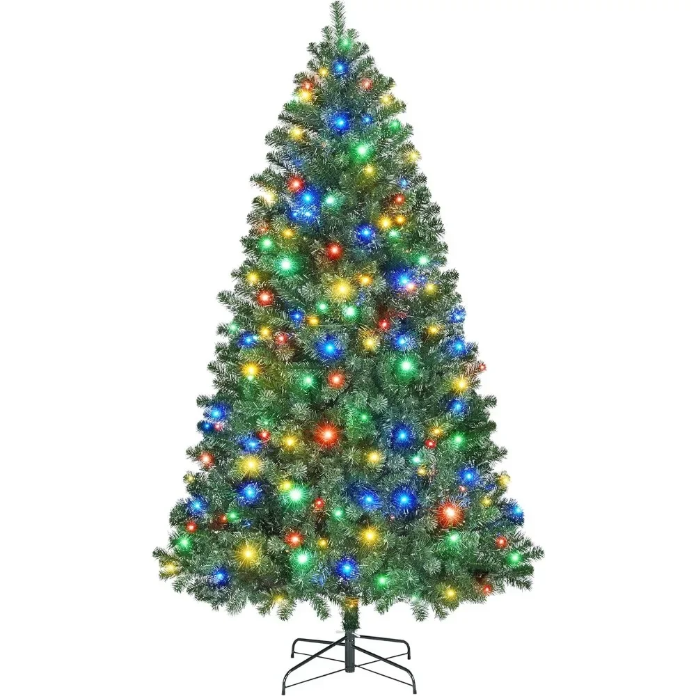 

6ft Pre-lit Spruce Artificial Christmas Tree Hinges Tree with 300 Multicolor LED Lights & 818 Branch Tips & Metal Stand for Home