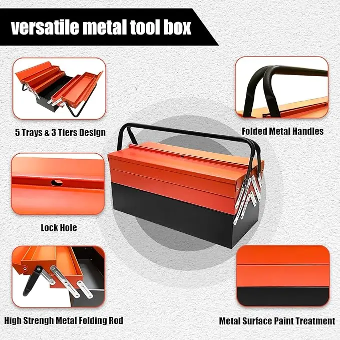 Metal Cantilever Tool Box, 18 Inch Tool Box, 3 Layers 5 Tray Portable Tool Box, Fold Out Tool Box Organizer Storage for Home