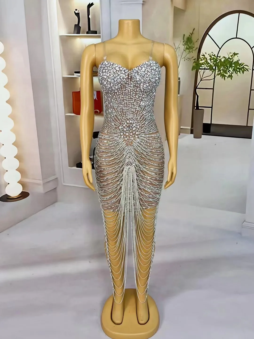 Luxury Rhinestones Fringes Celebriate Prom Evening Birthday Dress Women Photo Shoot Wear Sexy Performance Dress Stage Outfit